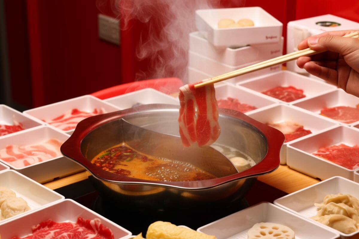 เนื้อบางหั่นสวย กำลังถูกจุ่มลงหม้อชาบู